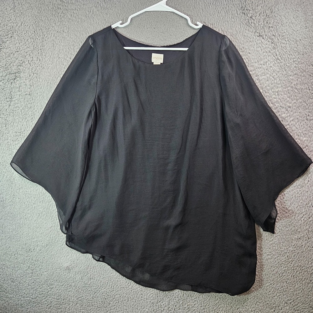 Chico's Top Blouse Women Size 2 Asymmetrical Hem‎ Lined Black Simple Preppy
